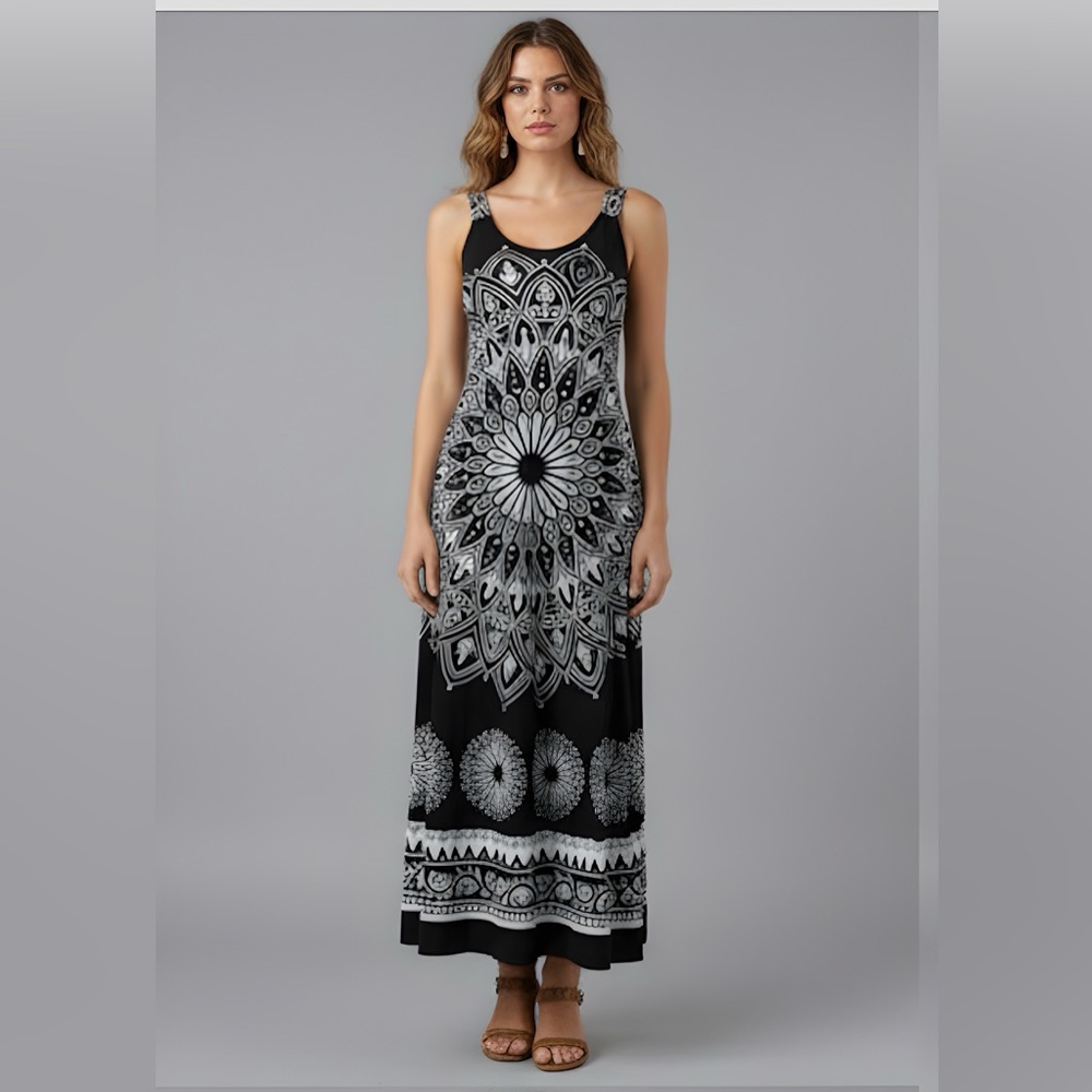 Boho Black/White Mandala Print Dress